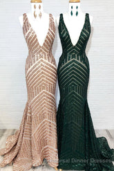 Sparkle Sequins V-Neck Mermaid Long Semi Formal Prom Dress